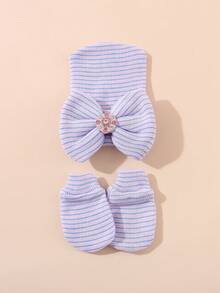 1 Set Newborn Baby Girl Striped Rhinestone Bow Hat + Anti-Scratch Mittens Set, Soft Elastic Breathable Warm Baby Accessories, Suitable For 0-3 Months, Perfect For Daily Wear, Photo Shoots And Parties - 1Set - View 10