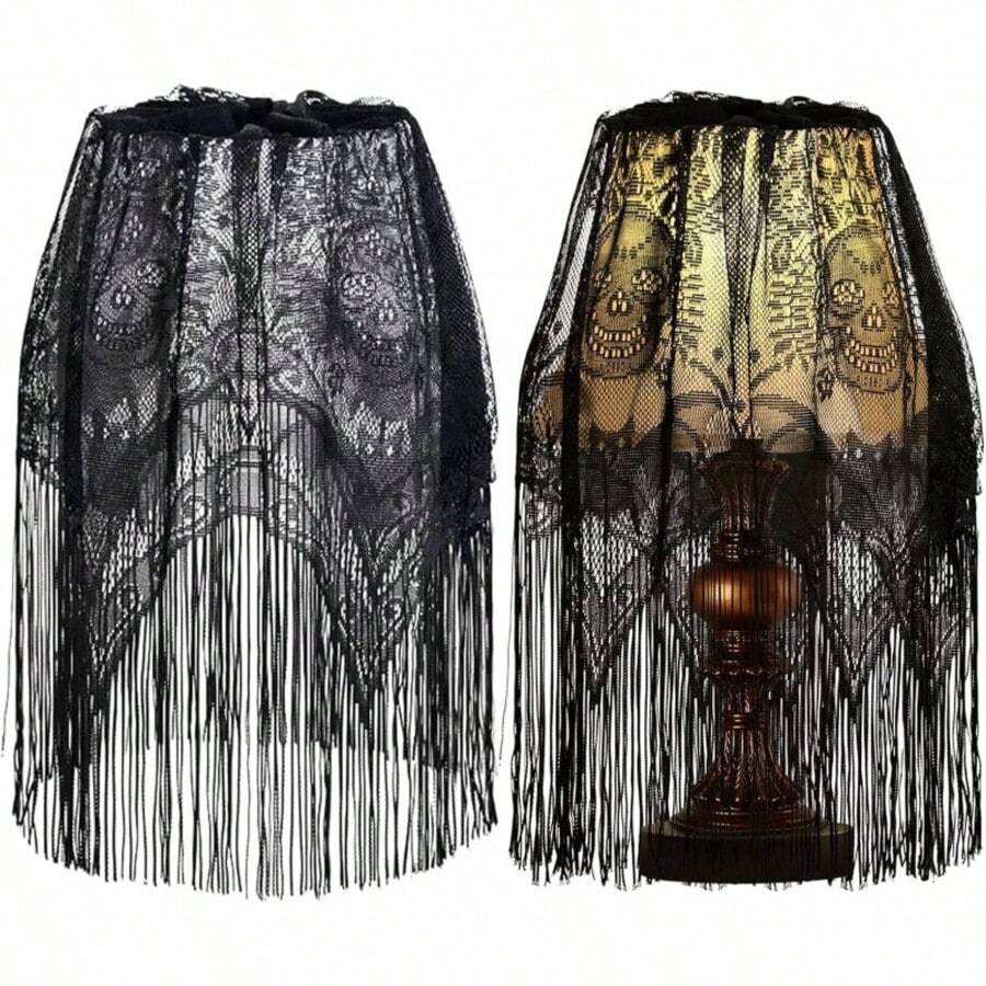 Gothic Black Lace Skull Tassel Lampshade, Elegant Gothic Pendant Light Shade, Suitable For Halloween Decoration, Pendant Light, Table Lamp, Ceiling Light, Party Decoration - Lace Fringe Style - View 1