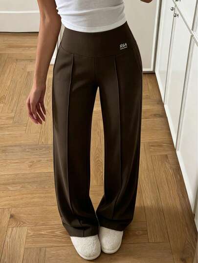 Women's Spring/Autumn Fashion High Waist Loose Straight Leg Pants, English Letter Print Decorated Long Pants, Casual Pants For Daily Shopping, Travel, Commuting, Vacation, Yoga And Sports