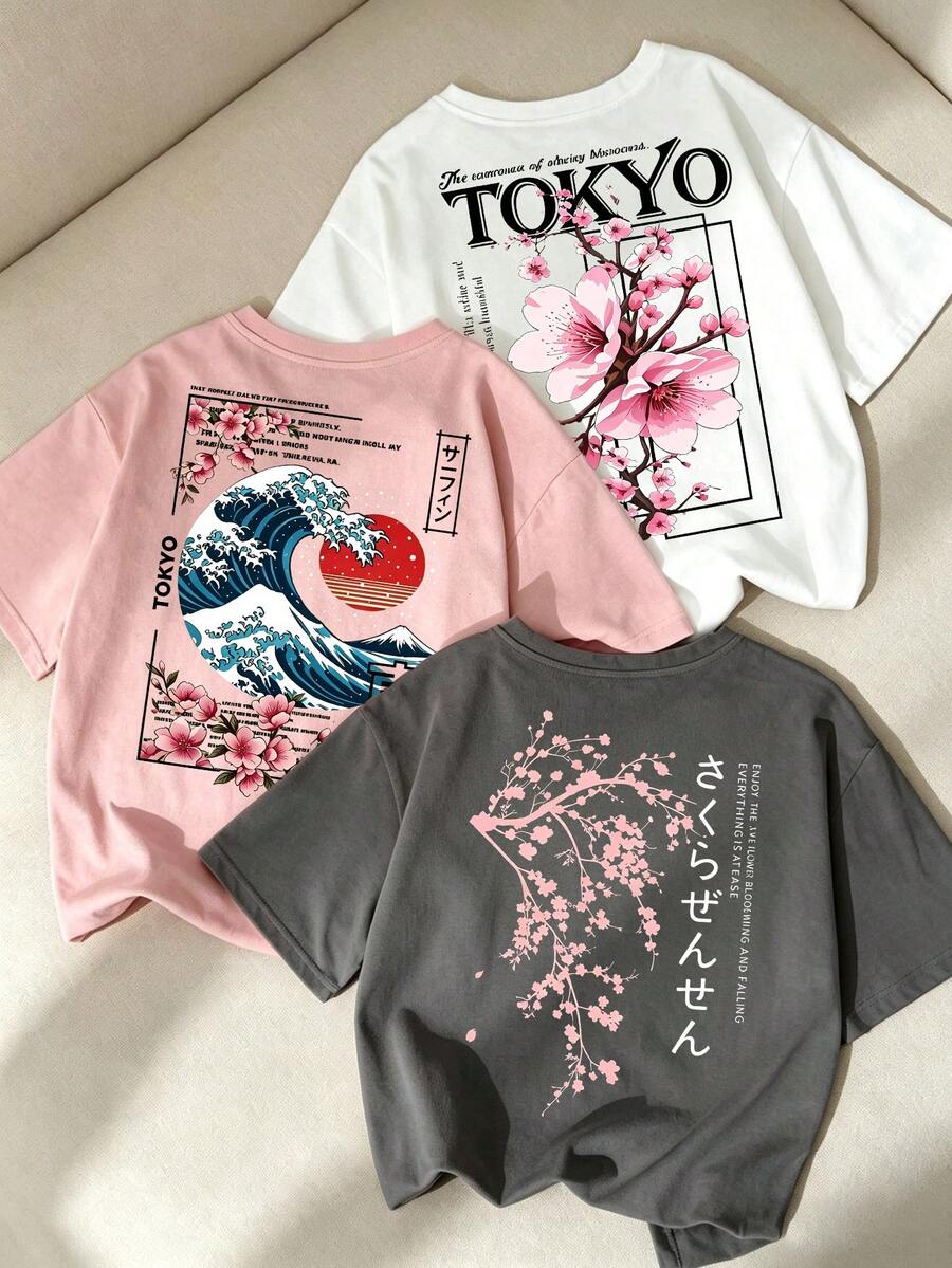 Women's Japanese Print T-Shirt, Short Sleeve Loose Fit Plus Size Casual Summer Top - White and Pink and Dark Gray - View 1