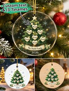 Customized Family Name Round Christmas Ornament, Personalized Christmas Tree Memorial Decoration, Rustic Christmas Tree Hanging Decor, Customizable 3-7 Names Holiday Gift, Customizable Text Family Christmas Decoration 2026, Family, Friends, Family Name Hanging Ornament - Style a - View 1