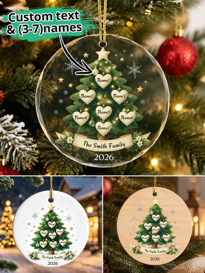 Customized Family Name Round Christmas Ornament, Personalized Christmas Tree Memorial Decoration, Rustic Christmas Tree Hanging Decor, Customizable 3-7 Names Holiday Gift, Customizable Text Family Christmas Decoration 2026, Family, Friends, Family Name Hanging Ornament