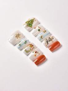 Comfort Wearing Experience,10Pcs Medium Square Press‑On Nails Kit,Vintage Xmas 3D Embossed Tree Wreath Snowflake Letter Pattern,Reusable Kit With Jelly Glue & Nail File,For Women Holiday Daily Wear - Multicolor - View 2