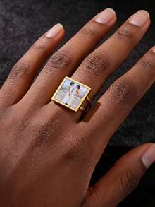 1PC Customized Photo Golden Elegant Ring, Personalized Couple Photo Ring, Wedding Ring, Family Photo Square Ring, Pet Photo Memorial Ring, Commemorative Jewelry Gift, Memory Gift, Valentine's Day Gift, Mother's Day Gift, Christmas, Halloween Gift - Multicolor - View 6