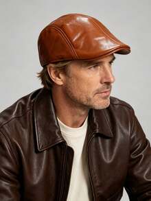 1pc Autumn Vintage Hong Kong Style Newsboy Cap PU Leather Beret Flat Cap For Middle-Aged And Elderly Men - A - View 4
