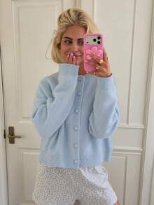 MORI Autumn/Winter Baby Blue Knit Cardigan Sweater, Girls' Solid Color Button Round Neck Pullover, Preppy Style Basic Outfit For Vacation And Outings - Blue - View 2
