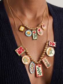 2pcs Vintage Fashion Alloy Printed Multi-Pendant Double Layer Necklace, Casual Style For Women - Multicolor - View 2