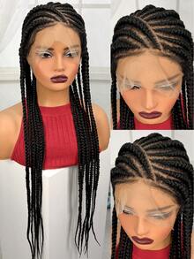A ANYTIME Wig Lace Depan Kepang Kotak Hitam untuk Wanita, Wig Kepang Sintetis Lace Penuh, Rambut Kepadatan Tinggi untuk Pemakaian Sehari-hari - Hitam - View 14