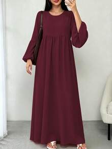 Solid Color Loose Fit Pleated Abaya, Bell Sleeve Round Neck Elegant Islamic Long Dress, Suitable For Middle Eastern Women's Daily Home Wear - Multicolor - View 10