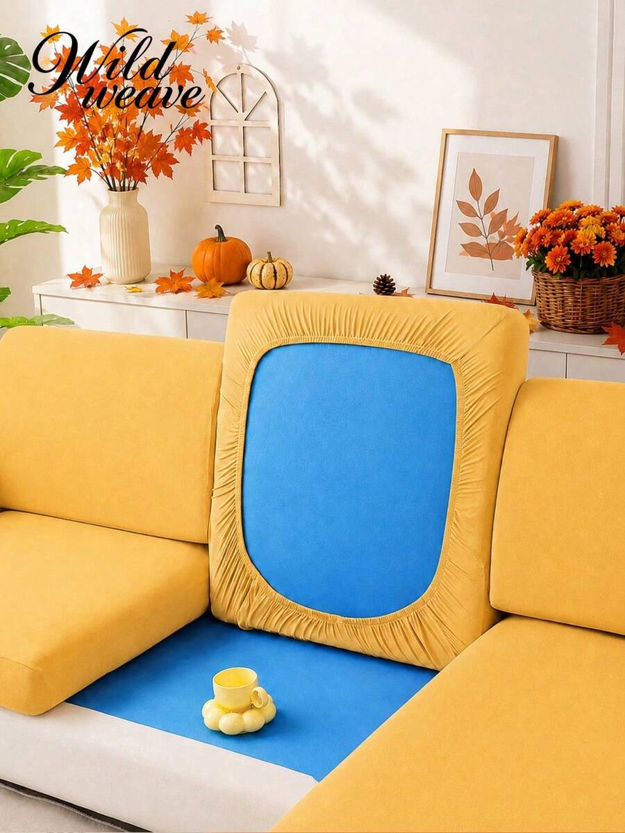 1pc Pumpkin Yellow L-Shaped Sofa Cover, Minimalist Autumn Style Elastic Polyester Sofa Slipcover, Soft Fabric Semi-Cover Sofa Protector, Suitable For Halloween Thanksgiving Holiday Decor Autumn Home Living Room, Sold Individually Not Set Sofa Cushion Protector