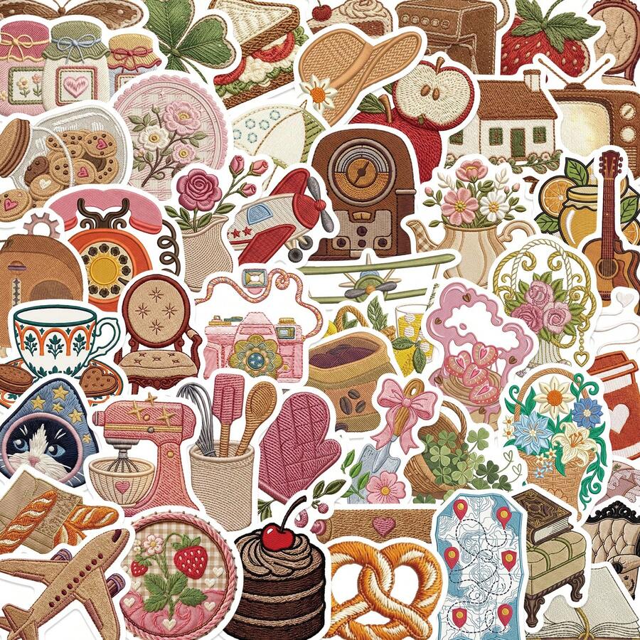 50pcs Retro Embroidery Graffiti Stickers DIY Decorative Journal Phone Case Computer Desk Helmet Guitar Travel Gifts - 1 Set/50 PCS - View 1