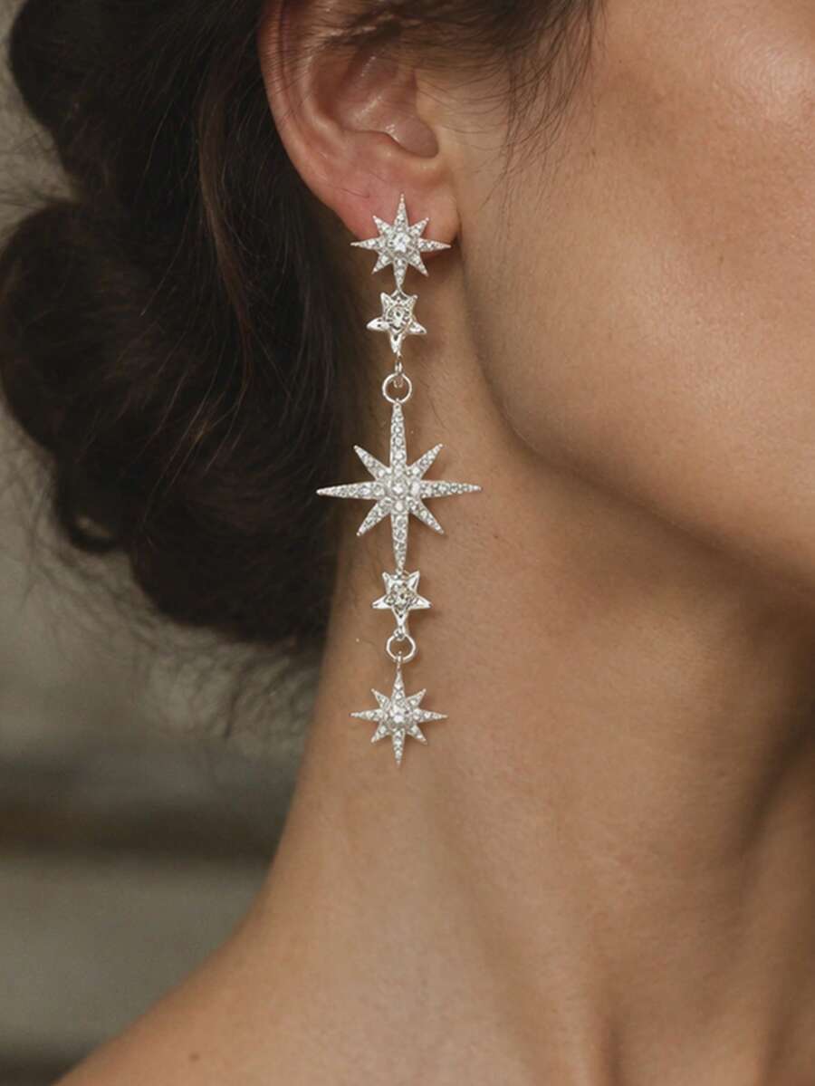 outingfit 1 Pair New 8-Point Star Full Rhinestone Earrings, Niche Design Stud Earrings For Women, High-End Exquisite Accessory - Silver - View 1