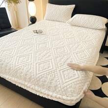 1pc Jacquard Taffeta Fitted Sheet (Pillowcases Not Included) Warm Mattress Protector, Perfect For Autumn And Winter, Deep Pocket Design, Suitable For Bedrooms And Guest Rooms, Made Of Polyester, Machine Washable, Luxurious European-Style, Home Decor - White - View 2