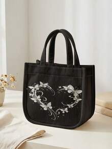 1pc Love Print Corduroy Tote Bag, Snap Button Closure Cute Handbag, Reusable Lunch Tote Bag For Student School Daily Outdoor Shopping Use - Black - View 9