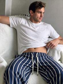 Men's Summer Crew Neck Casual T-Shirt And Casual Long Pants Loungewear Set - White - View 2