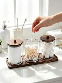 3pcs Transparent Plastic Round Cotton Swab Storage Box (With Tray) / 1pc Modern Portable Desktop Storage Box (For Home Use) - Multicolor - View 10