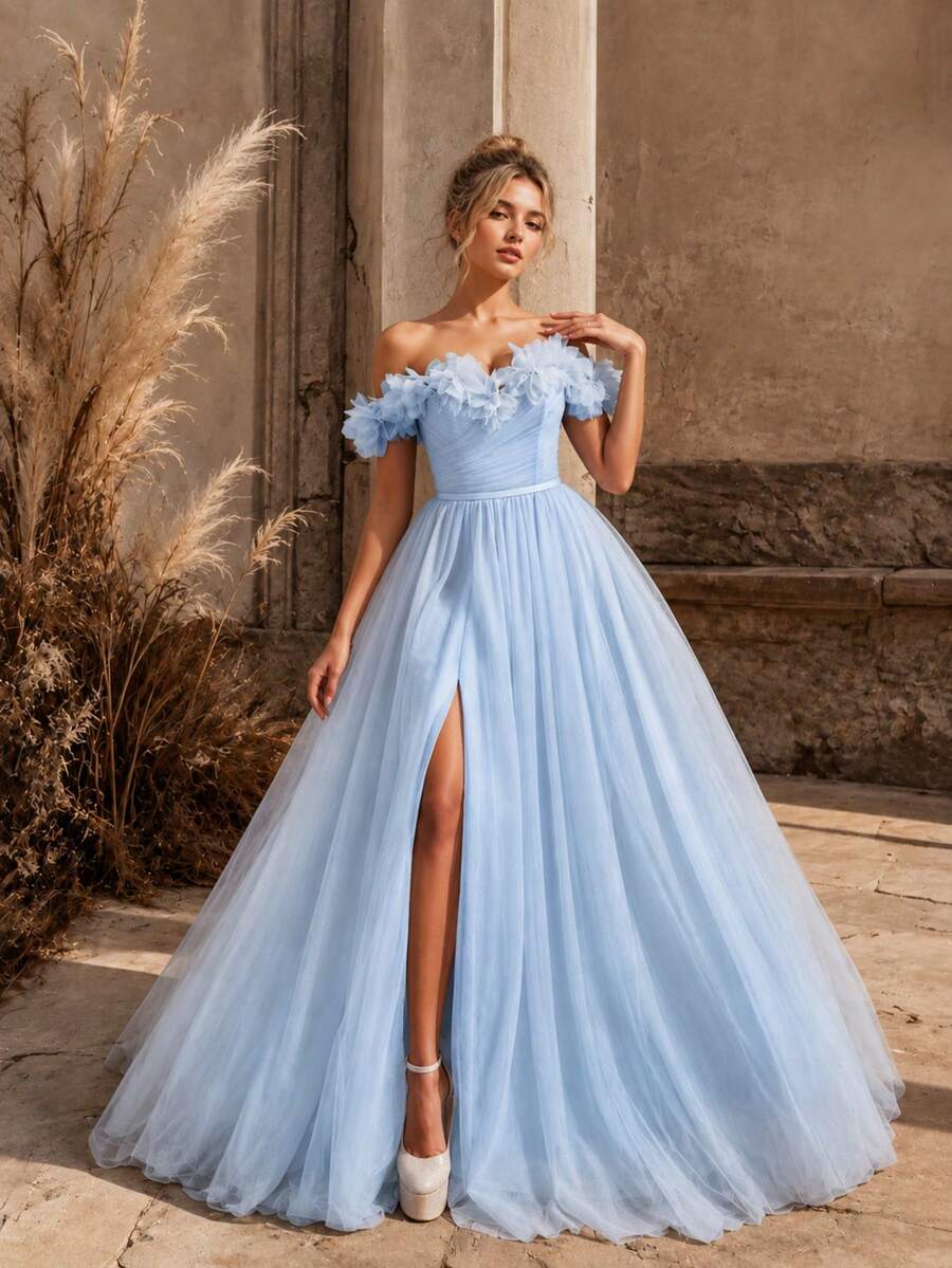 VIPGIRL SHEIN X Hannahelzahed Hannah Dreamy Blue Floral Open Shoulder Sheer Prom Dress, High Slit Design, Fitted Bodice, Wedding Guest Dress Spring Fall Party