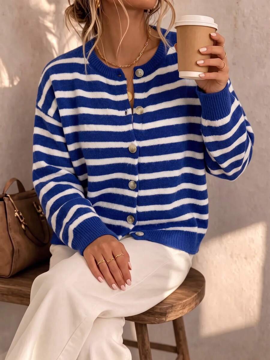 Women's Vintage Striped Cardigan, Casual Daily, Dating & Shopping, Suitable For Spring/Autumn/Winter - Royal Blue - View 1
