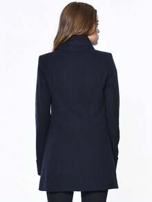 Coat, Women's Black Longline Wrap Front Coat With High Neck And Contrast  Brooch Detail - Navy Blue - View 3