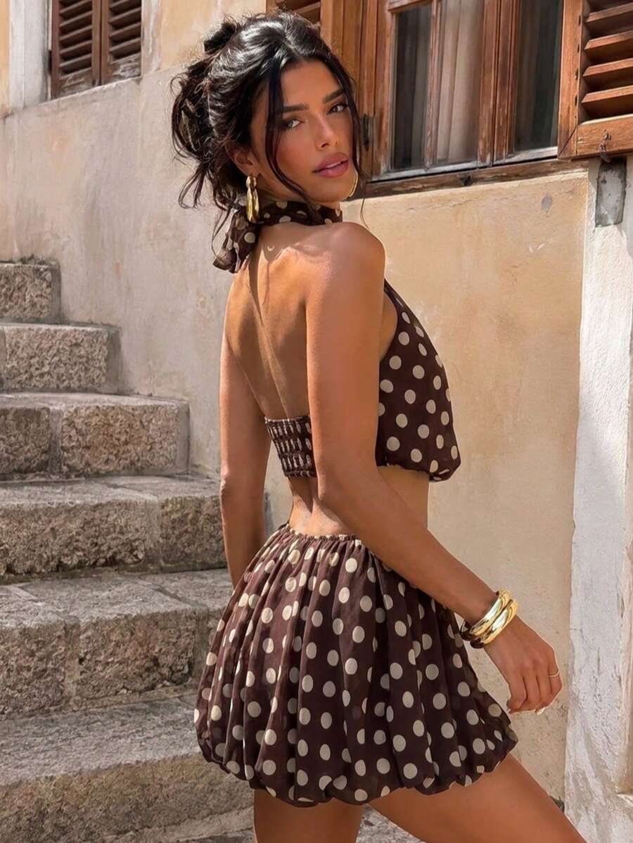 Women's Sexy Backless Halter Top + High Waist Mini Skirt 2 Pieces Set Y2K Floral Print Ruffle Hem Short Outfit, Suitable For Party, Nightclub - Multicolor - View 1