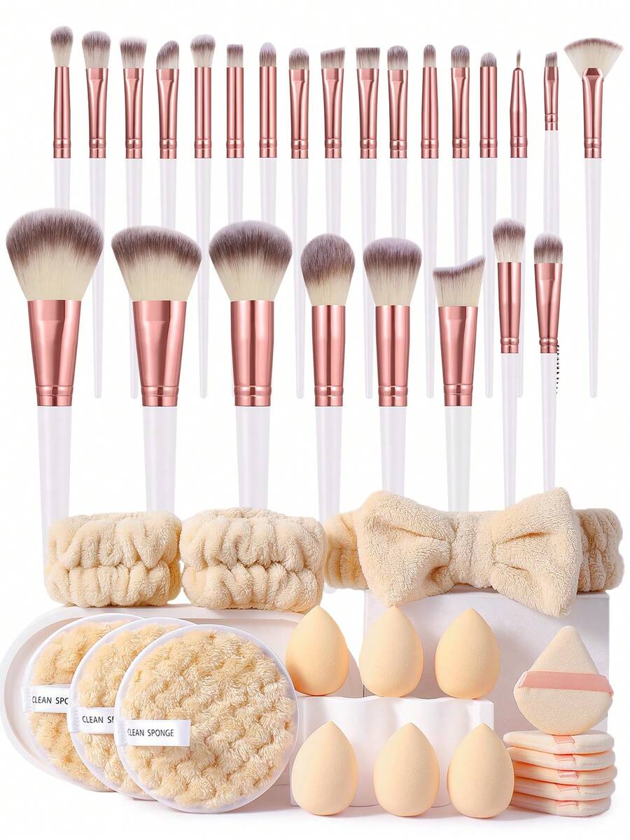 25/43Pcs All‑In‑One Makeup Tool Set,25Pcs Synthetic Makeup Brushes,Soft Makeup Sponges,Triangle Powder Puffs,Reusable Remover Pads,Bow Facial Headbands,Multipurpose Cosmetic Accessories For Liquid,Powder And Cream Daily Face Makeup - Multicolor - View 1