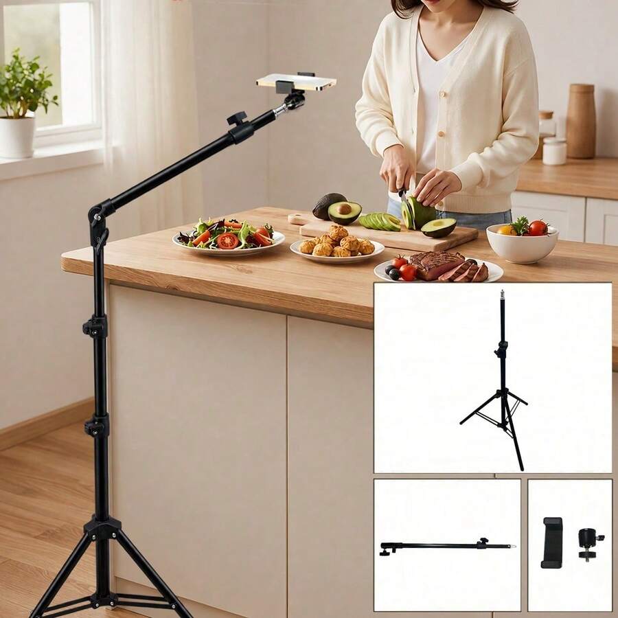 Adjustable Floor Tripod With Rotating Telescopic Arm And Phone Holder, Featuring Adjustable Height And Angle. Suitable For Smartphone Photography, Live Streaming, Video Recording, Cooking, Painting, And Food Photography - A Stable Tripod Structure