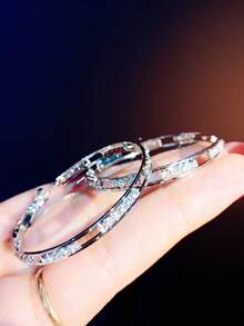 1 Pair Women's Silver C-Shaped Earrings, Sparkling Rhinestone Spring-Style Ear Clips, Minimalist Elegant Daily Party Jewelry Accessories - Silver - View 2