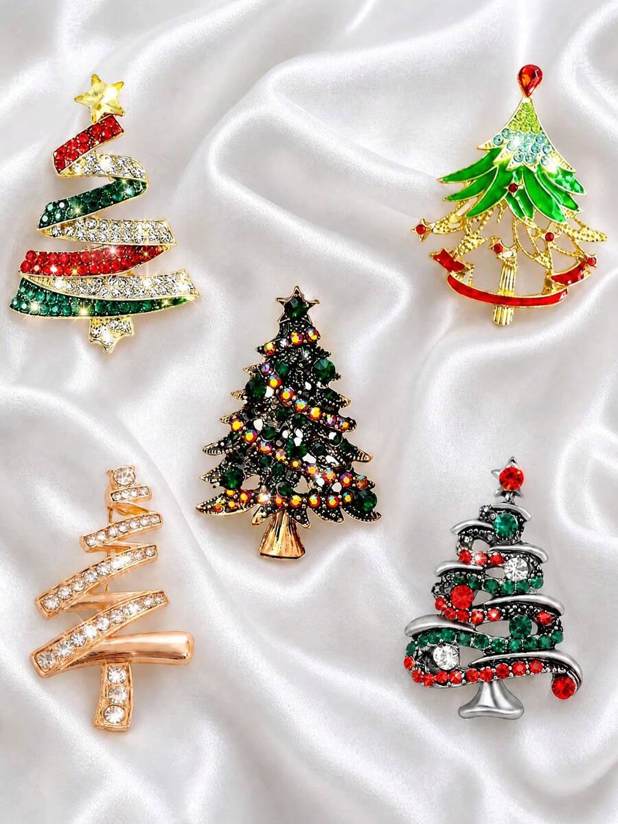 5pcs Christmas Tree Brooch Set, Multiple Rhinestone Christmas Tree Style Combinations, Holiday Atmosphere Lapel Accessories, Coat Sweater Jacket Holiday Decoration Small Items - 5pcs - View 1