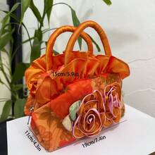 Women Elegant Floral Satin Small Handbag, 3D Flower Ruffle Trim Top Handle Mini Tote Bag Daily Makeup Purse - Multicolor - View 2