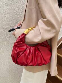 Women's Ruched Texture Vintage Gold Ring Handle Open Top Handbag, Lightweight Luxury Relaxed Style Niche Small Tote Bag For Dating And Outings, High-End Asymmetrical Handheld Bag - Red - View 4