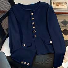 Round Neck Metal Button Short Wool Blazer, Long Sleeve Cuff Button Decor Patch Pocket Wool Short Coat, Elegant Autumn/Winter Outerwear, Suitable For Business Commute, Evening Party, Shopping And Photography - Navy Blue - View 3