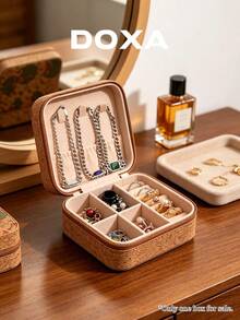 DOXA Vintage Print Portable Jewelry Box, Travel Zipper Jewellery Storage Case, Compact Display Organizer For Rings Necklaces Earrings - Brown - View 3