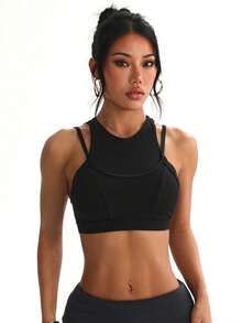 Women's Solid Color Removable Padded Crew Neck Mesh Patchwork Criss-Cross Sports Knit Bra - Black - View 4