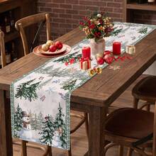 1pc Christmas Tree & Snowman Print Table Runner, Suitable For Holiday, Party, Dinner, Restaurant Table Decor, Home Autumn/Winter Christmas Decoration - Multicolor - View 1