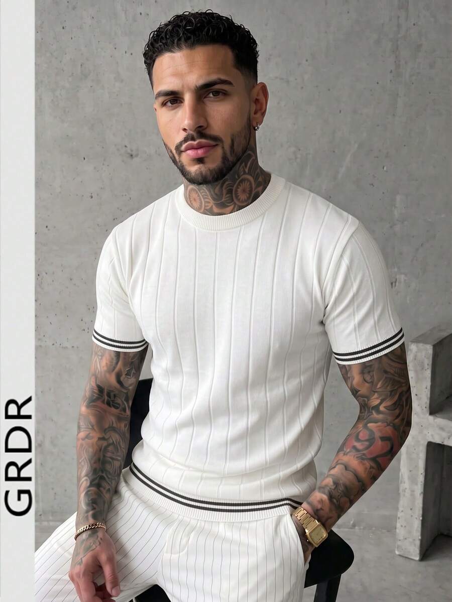 GRDR Men's Crew Neck Simple Ribbed Knit Short Sleeve T-Shirt - Casual Daily Wear - White - View 1