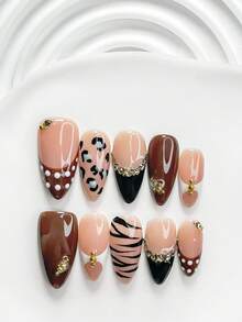 10pcs Luxury Handmade Press-On Nails, Polygel Nail Art Set, Leopard Print, Rhinestone, Black & Brown Nail Polish, Charming Style, Includes Nail Tools, 3 Sizes Available, Square, Short Square, Almond Shape, Suitable For Party, Dancing, Daily Wear (Handmade Details May Vary) - Multicolor - View 18