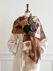1pc Heart Pattern Jacquard Tasseled Thick Scarf 65*195cm, Polyester Core‑Spun Yarn, Fall Winter Shawl For Travel Party Outing, Wear As Scarf Shawl - Multicolor - View 3