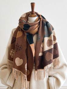 1pc Heart Pattern Jacquard Tasseled Thick Scarf 65*195cm, Polyester Core‑Spun Yarn, Fall Winter Shawl For Travel Party Outing, Wear As Scarf Shawl - Multicolor - View 4