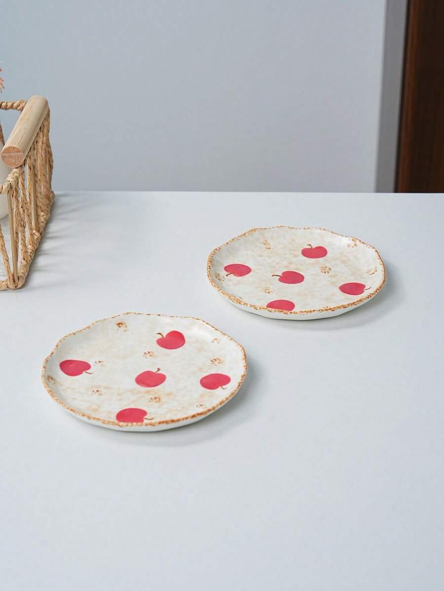 Vintage Red Apple Print Ceramic Plate, Irregular Wavy Rim Distressed Glaze Dessert Salad Plate, Retro Farmhouse Style Porcelain Serving Plate For Home Dining Table Decor - Multicolor - View 1