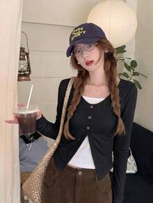 甜美可愛 2合1拼接長袖女款秋季上衣 - 黑色 - 查看 1