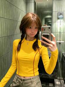 Niche Solid Color American Sports Slim Fit Cropped T-Shirt For Women, Autumn Round Neck Unique Design Y2K Top - Yellow - View 1