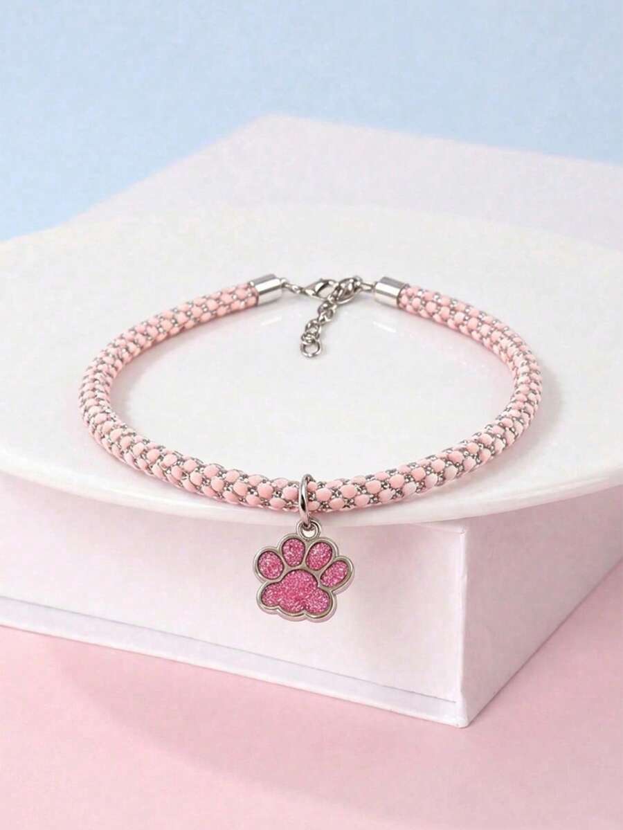 Pink Paw Print Rhinestone Collar, Suitable For Cats And Dogs, Comfortable And Lightweight, Suitable For Small And Medium Dogs And Cats For Year-Round Wear, Suitable For Home Daily Use Or Outdoor Walking And Playing (Note: Product Is Fragile, Do Not Overstretch) - Pink - View 1