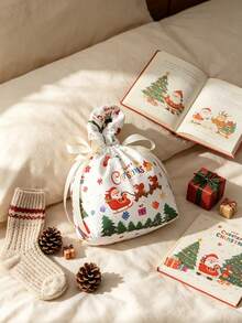 Christmas Drawstring Gift Bag, Xmas Santa Print Candy Goodie Pouch With Handle, Festive Present Wrapping Sack For Christmas Eve Party Favors, Lovely Holiday Treat Storage Bag For Gift Giving Celebration - Multicolor - View 3