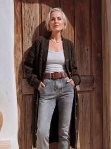 NZZOF Women's Solid Color V-Neck Long Knit Cardigan Single-Breasted Casual Loose Sweater Jacket - Coffee Brown - View 5