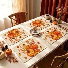 1/4/6pcs Autumn Series Beige Realistic Pumpkin White Flower & Autumn Leaf Pattern Printed Placemats, Heat-Resistant Table Mats For Home Kitchen/Dining Table Protection, Party Scene Decor - Multicolor - View 4