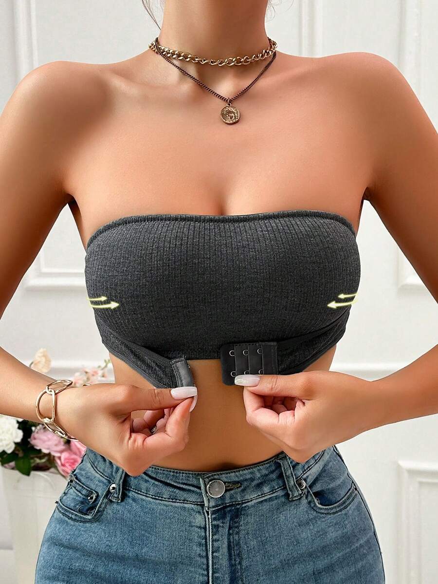 Front Closure Push-Up Cup Bra, Black & Grey Strapless Bandeau, Seamless Comfortable Lingerie - Dark Grey - View 1