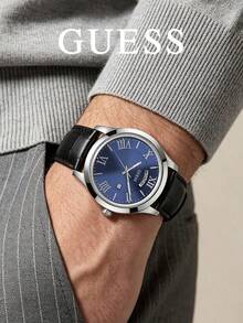 GUESS Men's Business Blue Dial Quartz Watch With Roman Numeral Day Date Display, Crocodile Embossed Black Leather Strap, Minimalist Commuter Wristwatch, Gift - Black - View 3