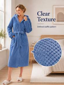 Coral Fleece Long Bathrobe For Women, Multi-Color Optional, With Hat Belt And Pocket, Fluffy, Soft And Warm, Unisex Bath Towel Bathrobe - Multicolor - View 4