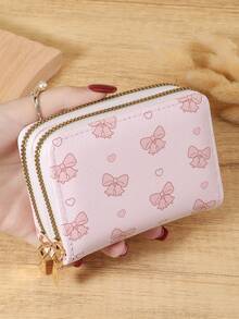 Women's Bow Printed Double Zipper Credit Card Clip Bag, Card Short Wallet, Multiple Card Slots With Large Capacity, Suitable For Outdoor Use - Pink - View 2
