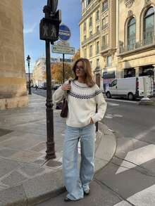 Women's Winter Fair Isle Pattern Knit Sweater With Ribbed Details, Autumn Fashion Comfortable Long Sleeve Regular Fit Top - White - View 2